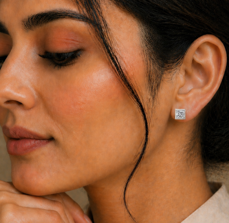 Vintage 1.00CT Princess Cut Lab Grown Diamond Elegant Dainty Bezel Set Stud Earring Gift For Her - HIGHCARAT DIAMONDS #wearthelook