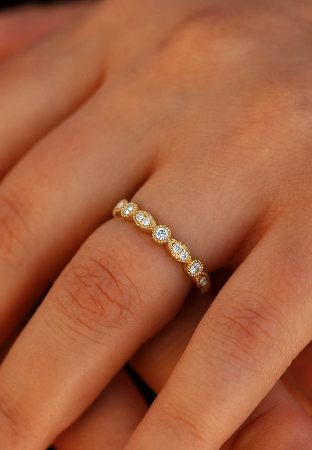 Vintage Art Deco Round Diamond Band Ring for Women In 14K Solid Gold Elegant Everyday Wear Ring - HIGHCARAT DIAMONDS