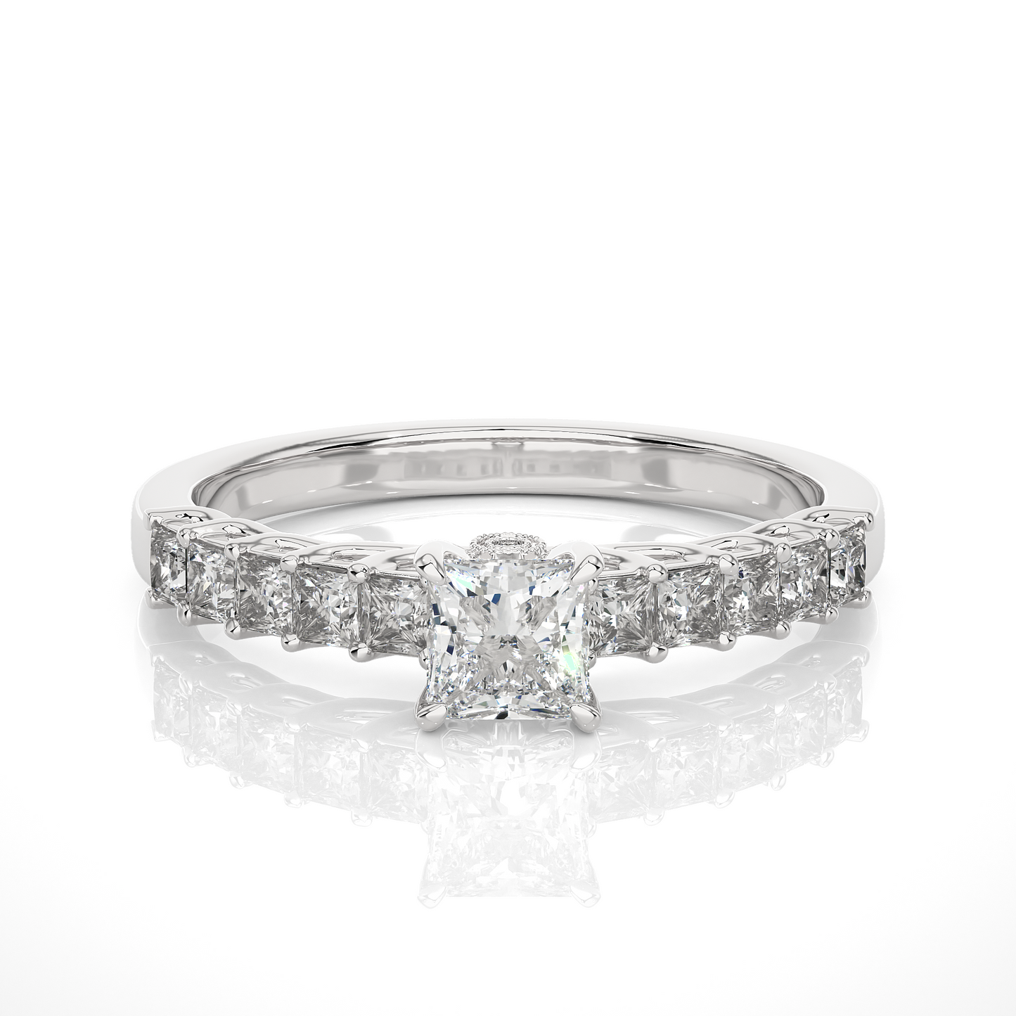 Princess & Round Cut Lab grown Diamond Ring , 14K white Gold Round Side Stone Ring For Her