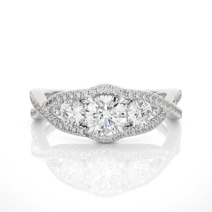 18K Solid Gold Ring, 1.07 Ct Three Stones With Pave And Side Stones Special Round Shape Ring For Women