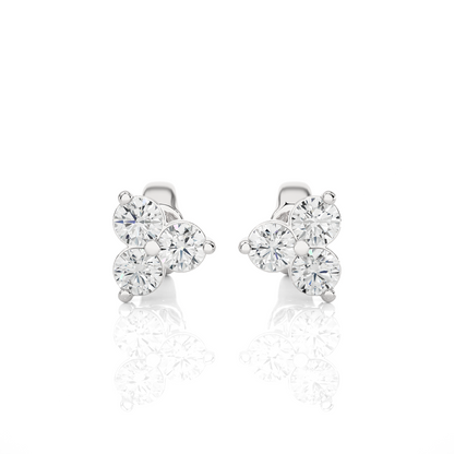 3 Stone Round Diamond Stud Earrings 14K Solid Gold Colorless Natural And Lab Diamond Earring