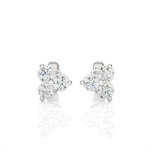 3 Stone Round Diamond Stud Earrings 14K Solid Gold Colorless Natural And Lab Diamond Earring