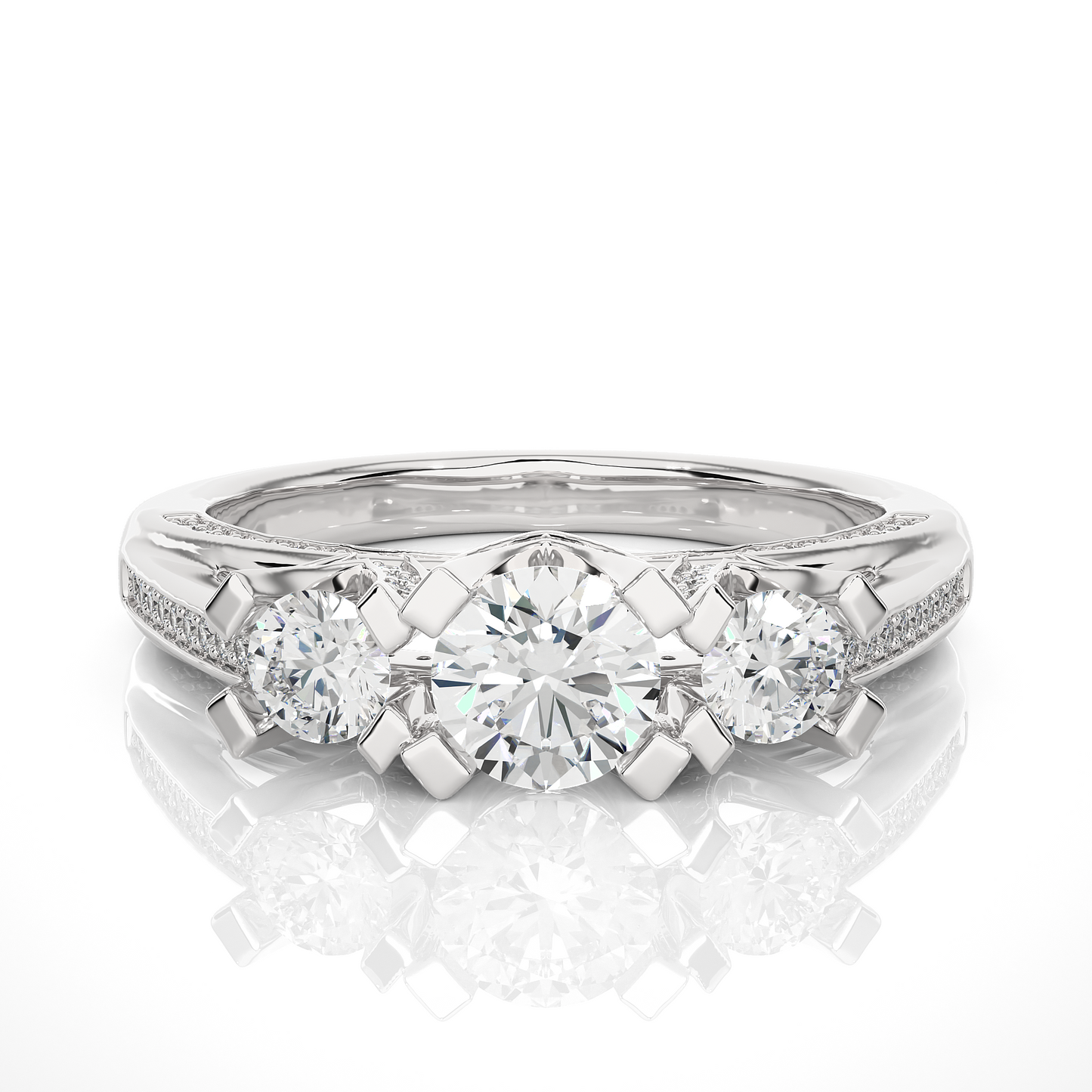 1.19 Ct Round Cut Lab grown Diamond Ring Three stone And Pave and Side Stone wedding Ring For Her