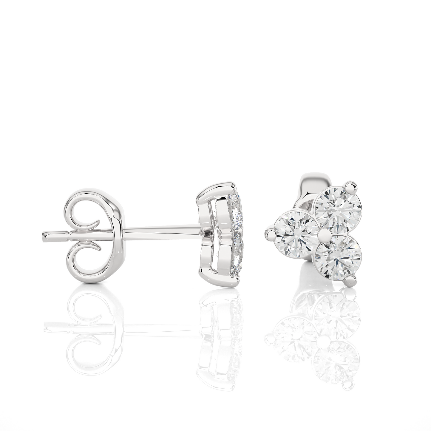 3 Stone Round Diamond Stud Earrings 14K Solid Gold Colorless Natural And Lab Diamond Earring