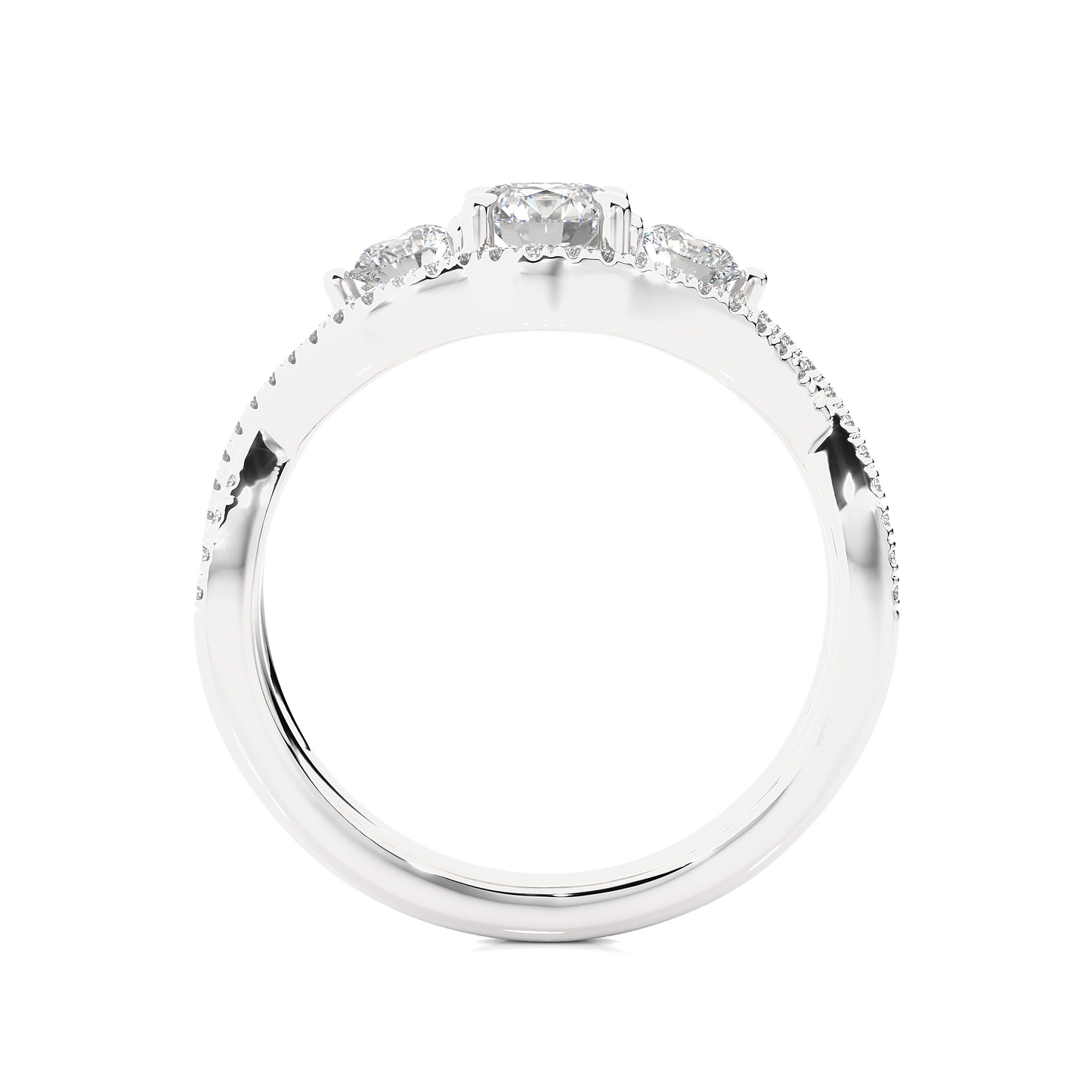 18K Solid Gold Ring, 1.07 Ct Three Stones With Pave And Side Stones Special Round Shape Ring For Women