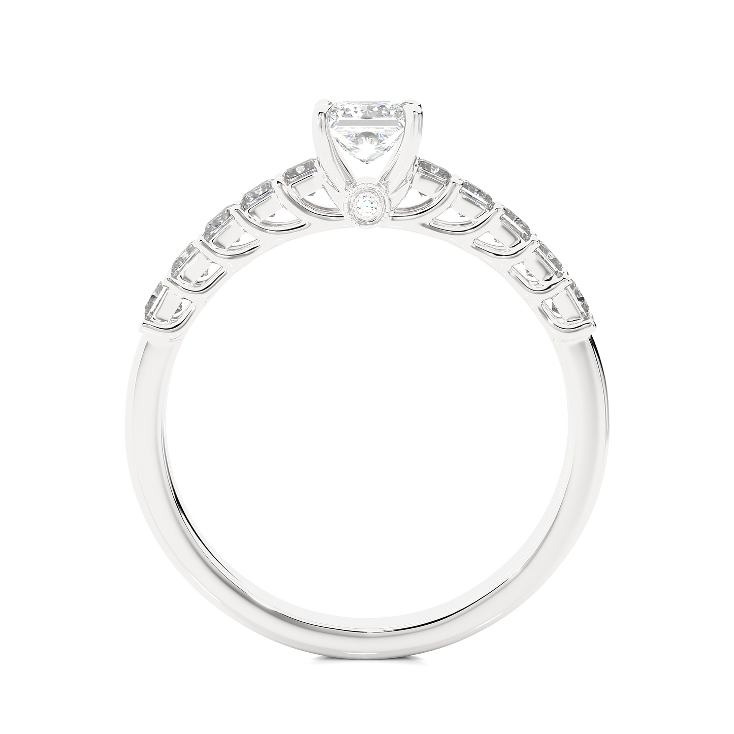 Princess & Round Cut Lab grown Diamond Ring , 14K white Gold Round Side Stone Ring For Her