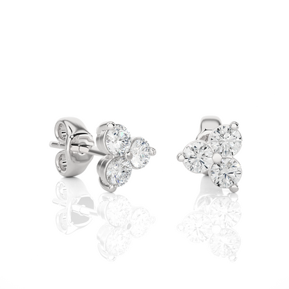 3 Stone Round Diamond Stud Earrings 14K Solid Gold Colorless Natural And Lab Diamond Earring