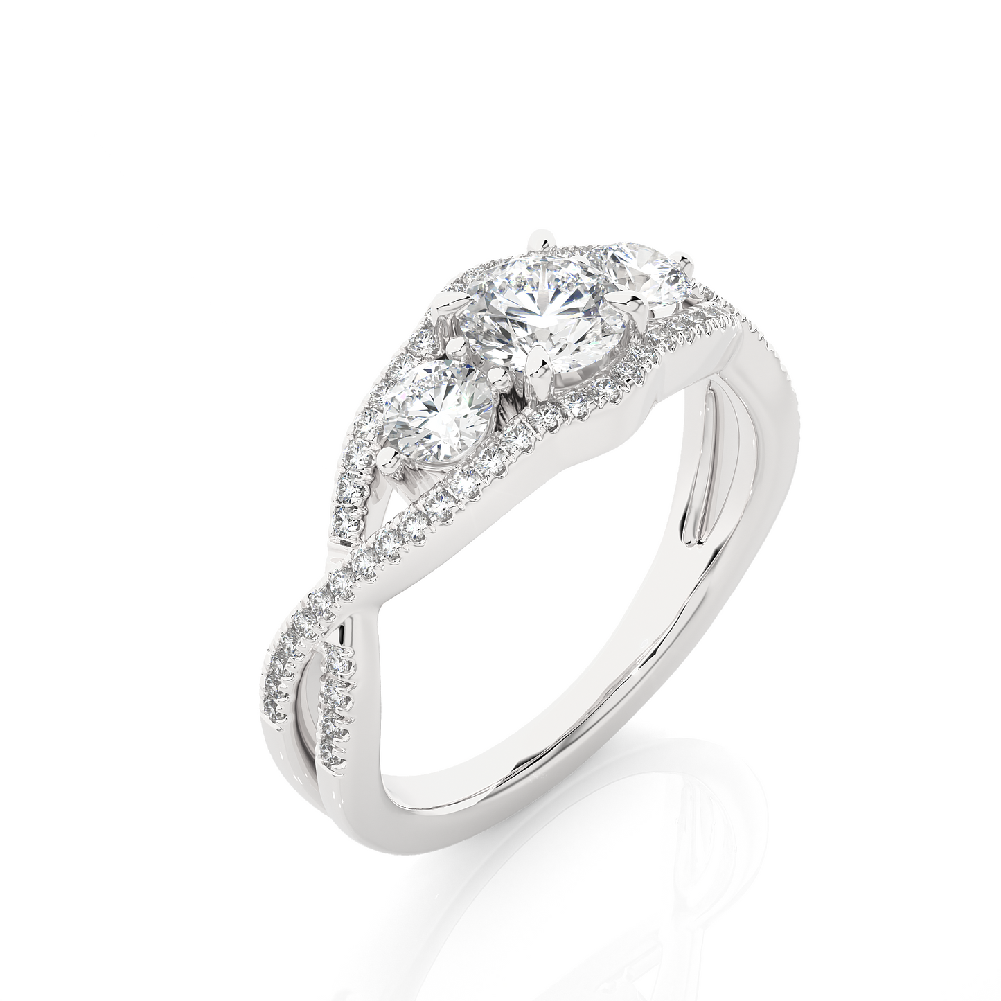 18K Solid Gold Ring, 1.07 Ct Three Stones With Pave And Side Stones Special Round Shape Ring For Women