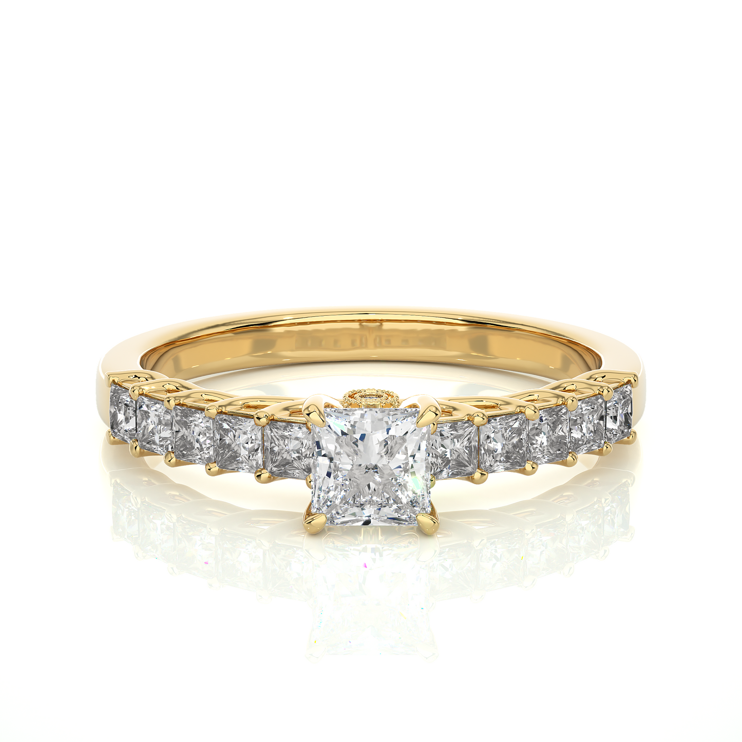 Princess & Round Cut Lab grown Diamond Ring , 14K white Gold Round Side Stone Ring For Her