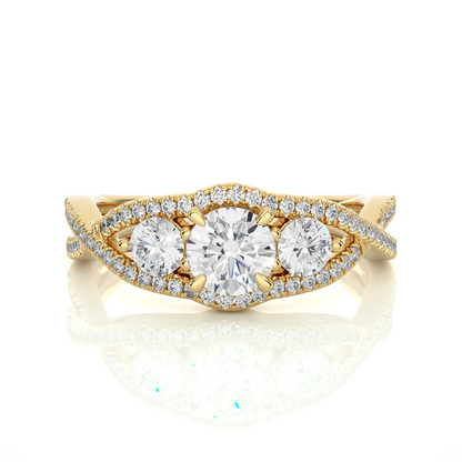 18K Solid Gold Ring, 1.07 Ct Three Stones With Pave And Side Stones Special Round Shape Ring For Women