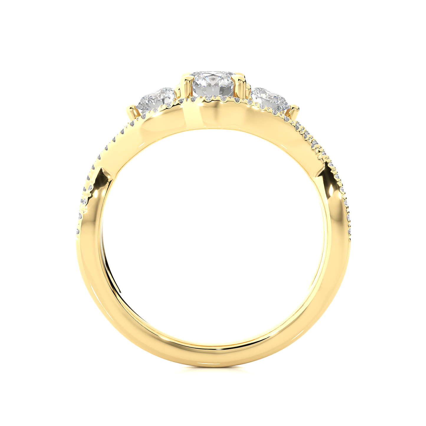 18K Solid Gold Ring, 1.07 Ct Three Stones With Pave And Side Stones Special Round Shape Ring For Women