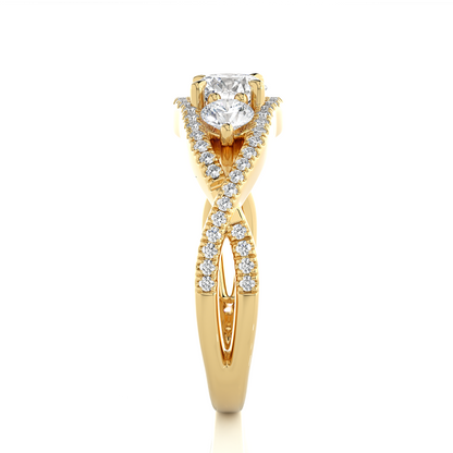 18K Solid Gold Ring, 1.07 Ct Three Stones With Pave And Side Stones Special Round Shape Ring For Women