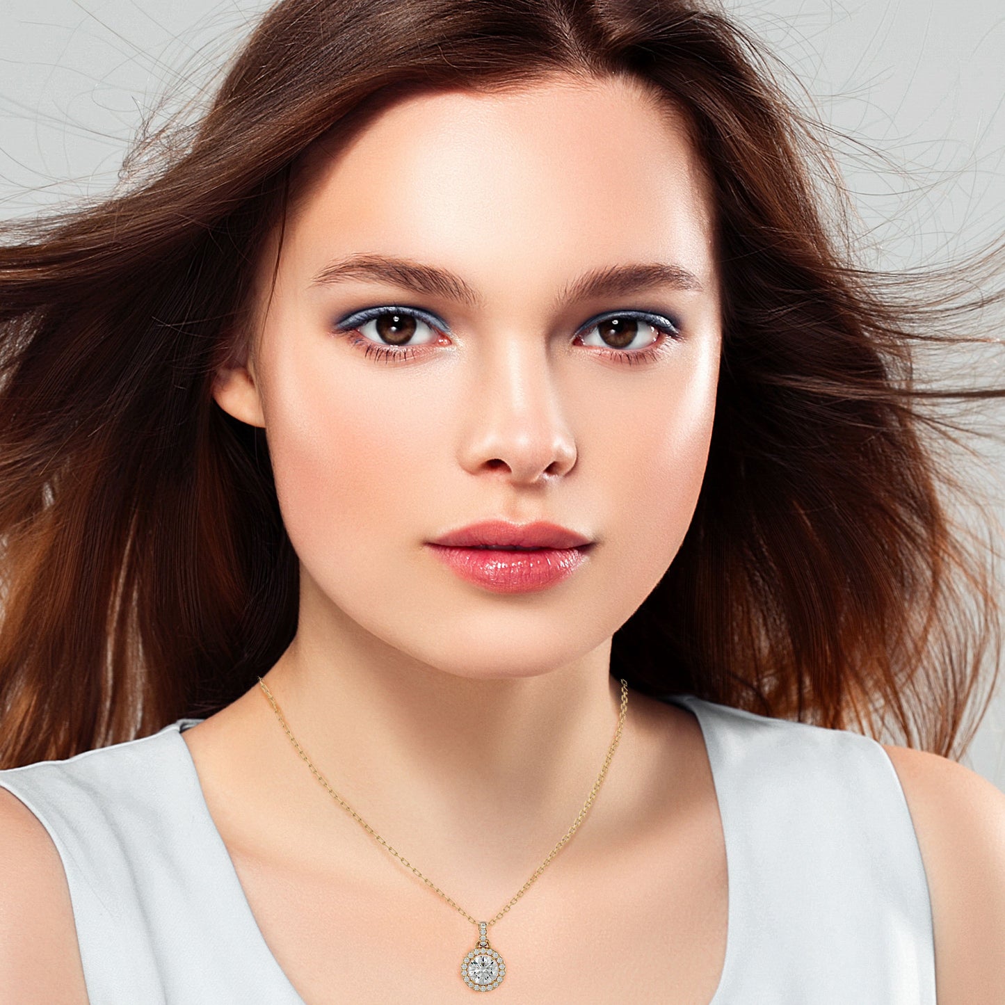 Halo Round Cut Diamond Pendant Necklace in 14k Solid Gold with Labgrown Diamond Accent