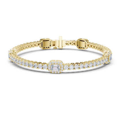 14 K Solid Yellow Gold Emerald Cut Natural Diamond Round Antique Stunning Perfect Line Bracelet Anniversary Gift For Her