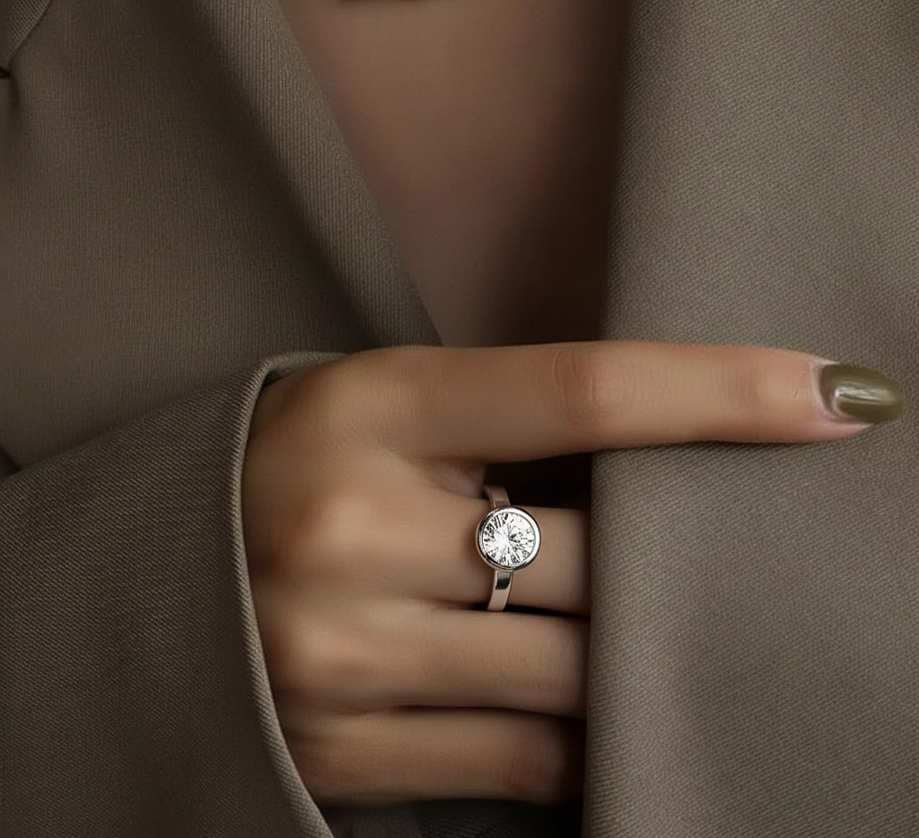 Round Cut Lab Diamond Bezel Set Dainty Solitaire Ring