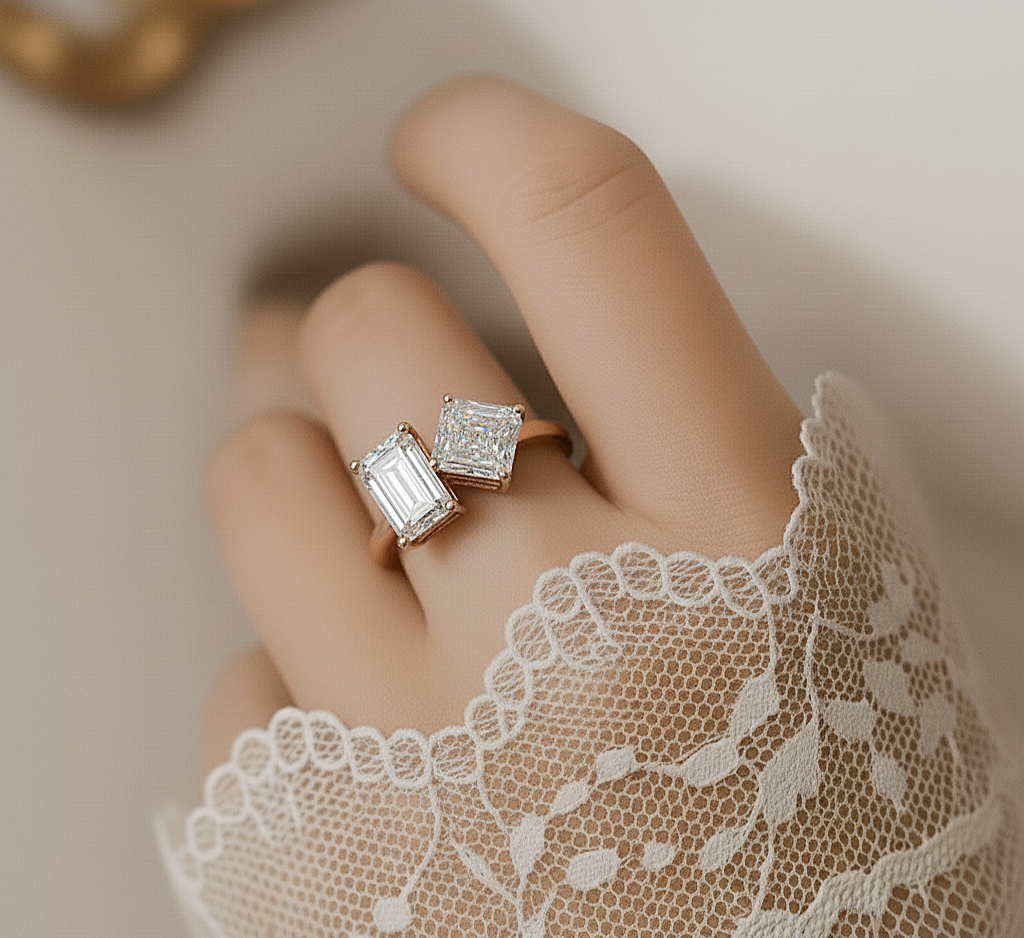 4.17 CT Radiant And Ascher Cut Lab Grown Diamond Unique Two Stone Sparkling Ring for her