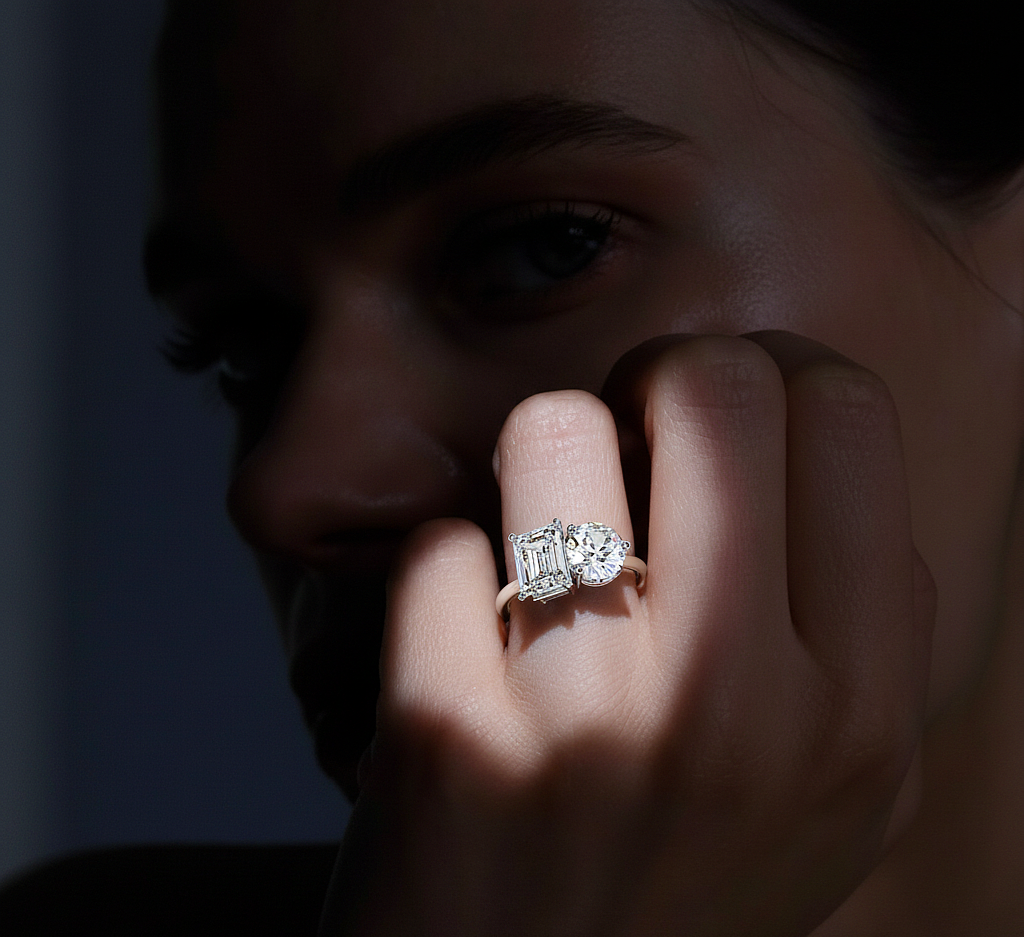 4.04 CT Emerald And Round Cut Lab Grown Diamond Cluster 10k Solid White Gold Two Stone Diamond Ring