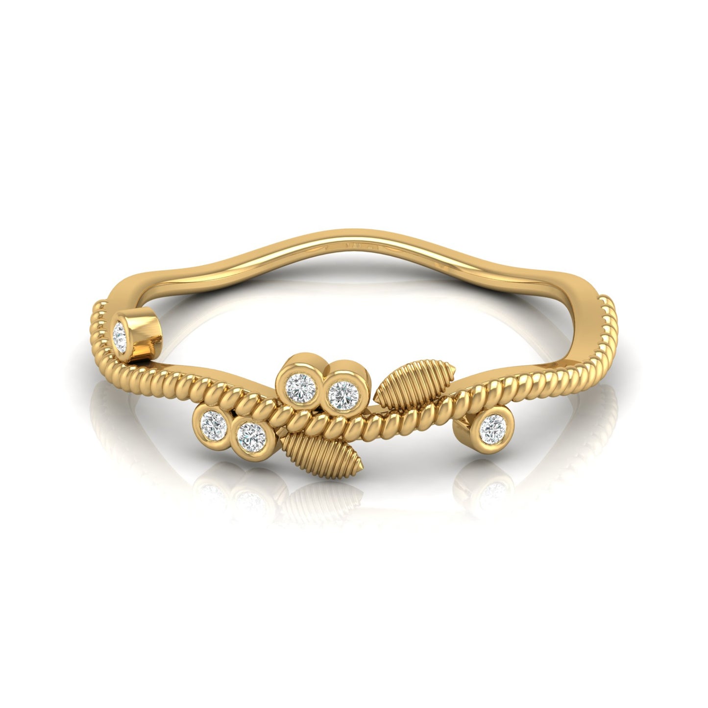Round Diamond Daily Wear Fancy Ring Trendy Leaf Flower Band Ring In 14 KT Solid Gold