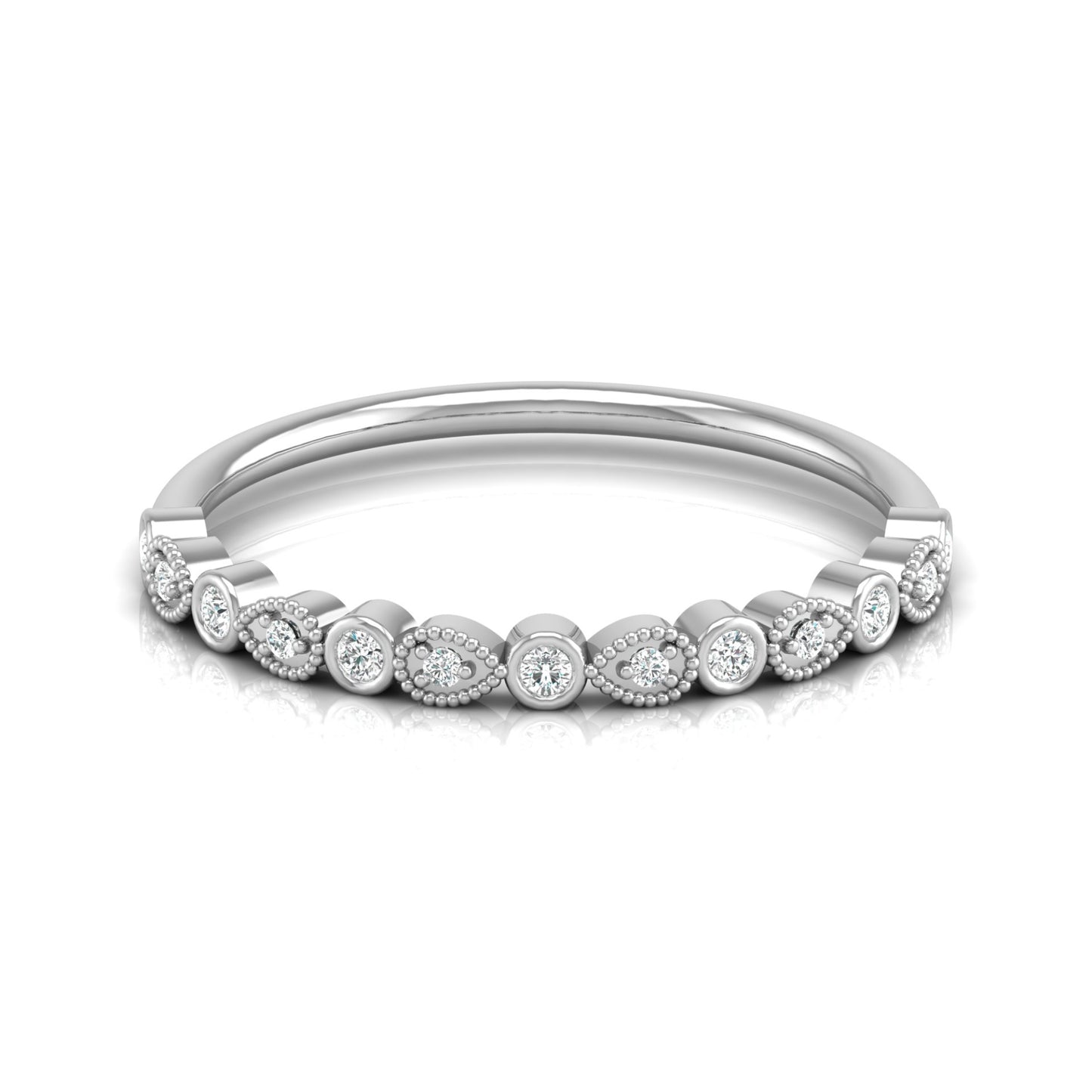 Bezel-Set Round Diamond Band Ring With Milgrain Detailing Vintage Style In 14K Solid Gold