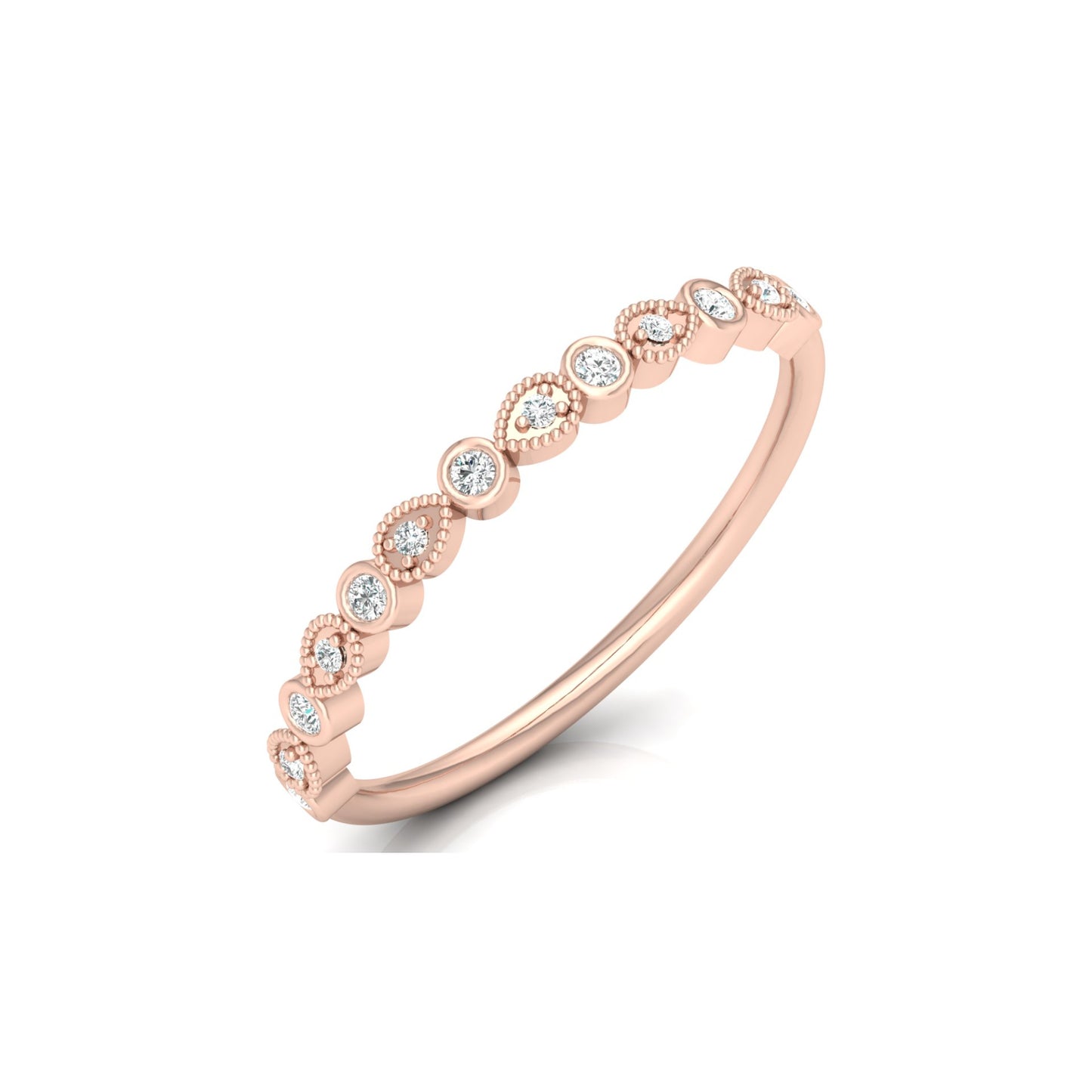 Bezel-Set Round Diamond Band Ring With Milgrain Detailing Vintage Style In 14K Solid Gold