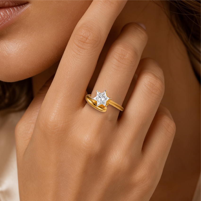 David Star Cut Lab Grown Diamond Solitaire Yellow Solid Gold Ring