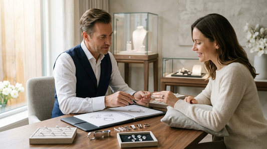 Jeweler discussing a custom diamond jewelry design with a client using loose diamonds and ring sketches.