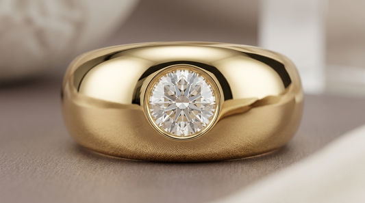 Close-up of a gypsy setting diamond ring with the stone set flush into the band.