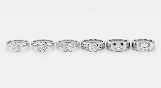 Six popular jewelry setting types displayed side by side on diamond rings