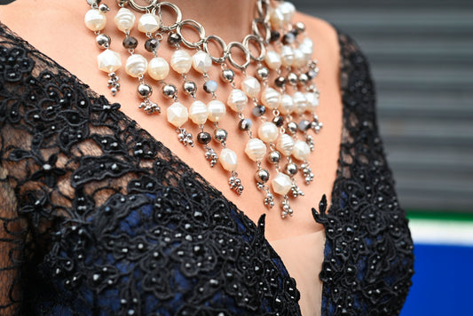 Statement jewelry featuring diamonds and pearls