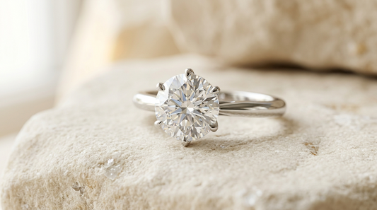 Close-up of a lab grown diamond engagement ring showing the brilliance of a real diamond.