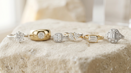 Collection of unique diamond ring designs including solitaire, bezel and toi et moi styles.