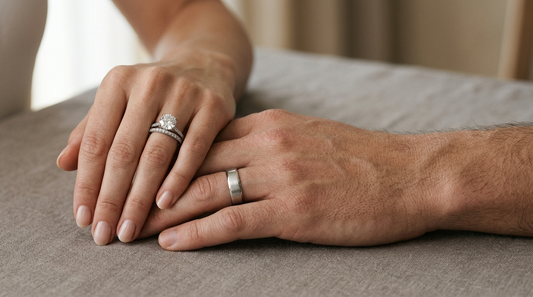 Two wedding bands worn on the ring fingers, with one paired with an engagement ring