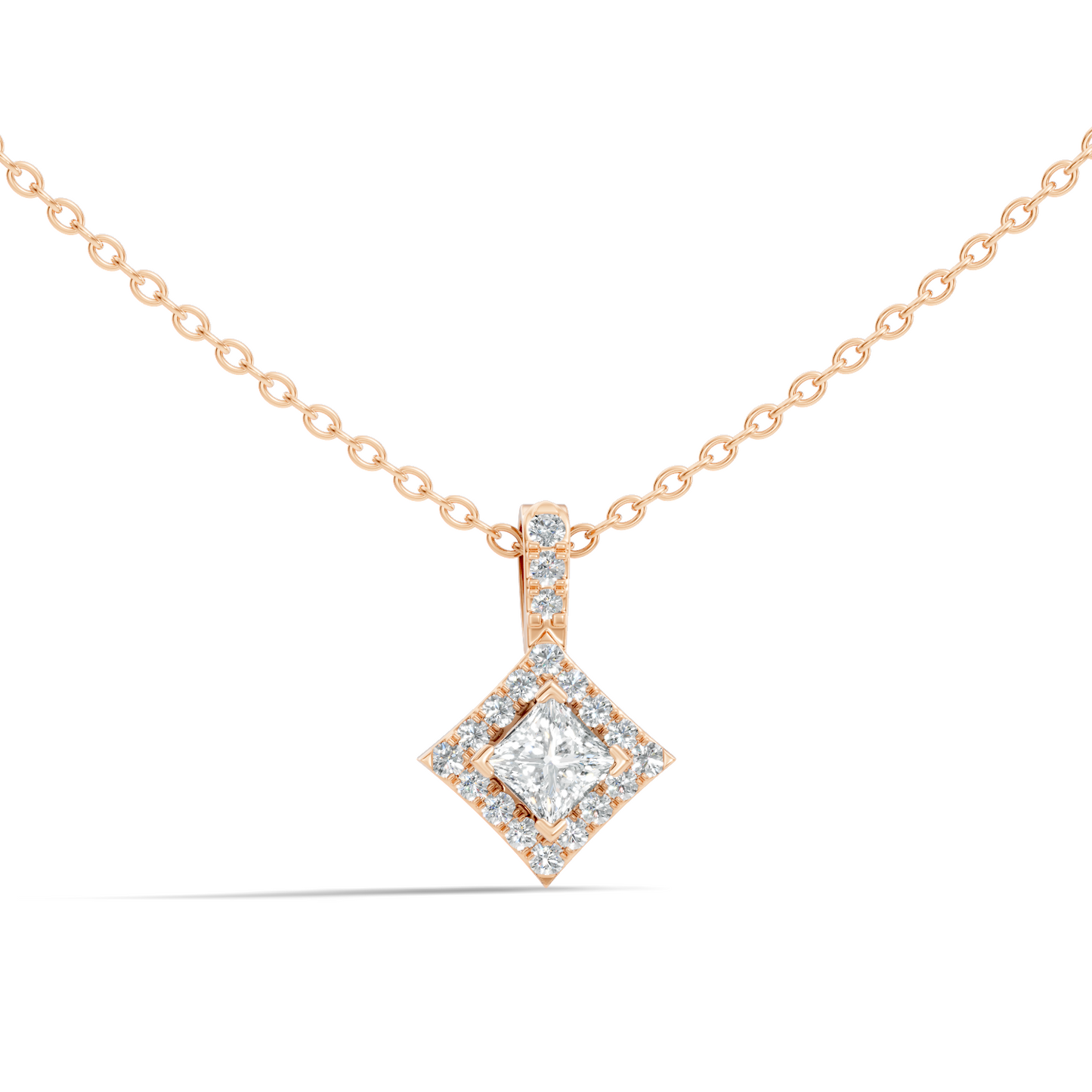 0.61 Carat Princess Cut Diamond Halo Pendant in 14K Yellow Gold for Her