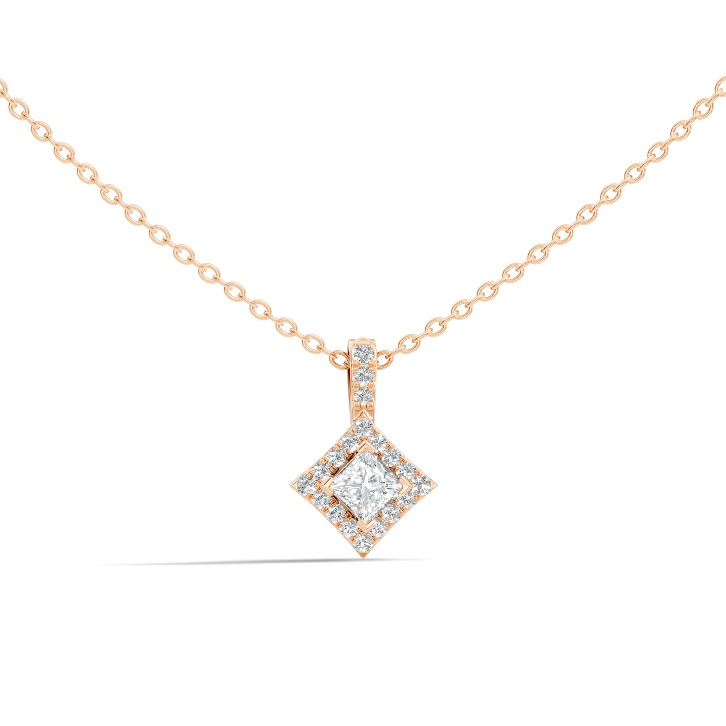 0.61 Carat Princess Cut Diamond Halo Pendant in 14K Yellow Gold for Her