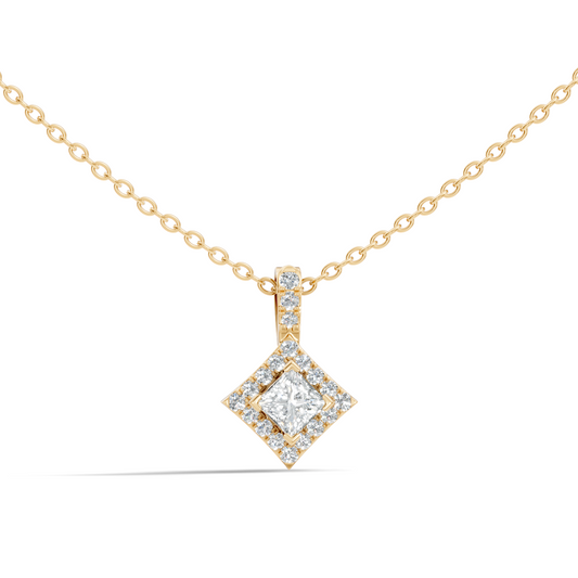0.61 Carat Princess Cut Diamond Halo Pendant in 14K Yellow Gold for Her - HIGHCARAT DIAMONDS