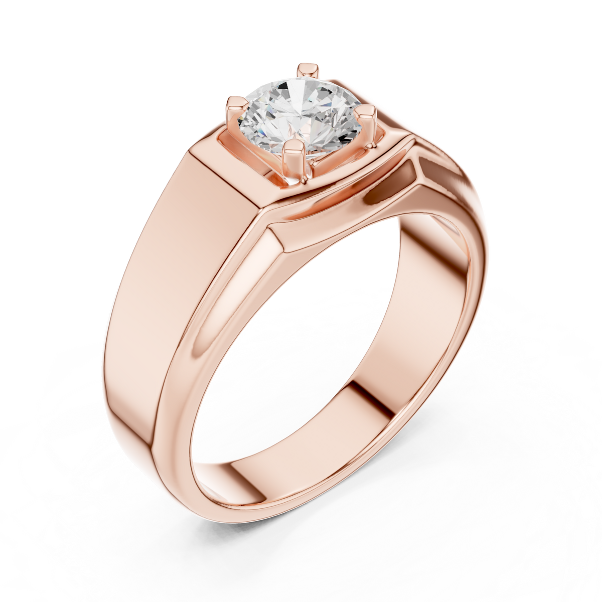 Round One Stone Lab Grown Diamond 14k Solid Rose Gold  Every Wear Stunning Elegance Men's Diamond Ring - HIGHCARAT DIAMONDS