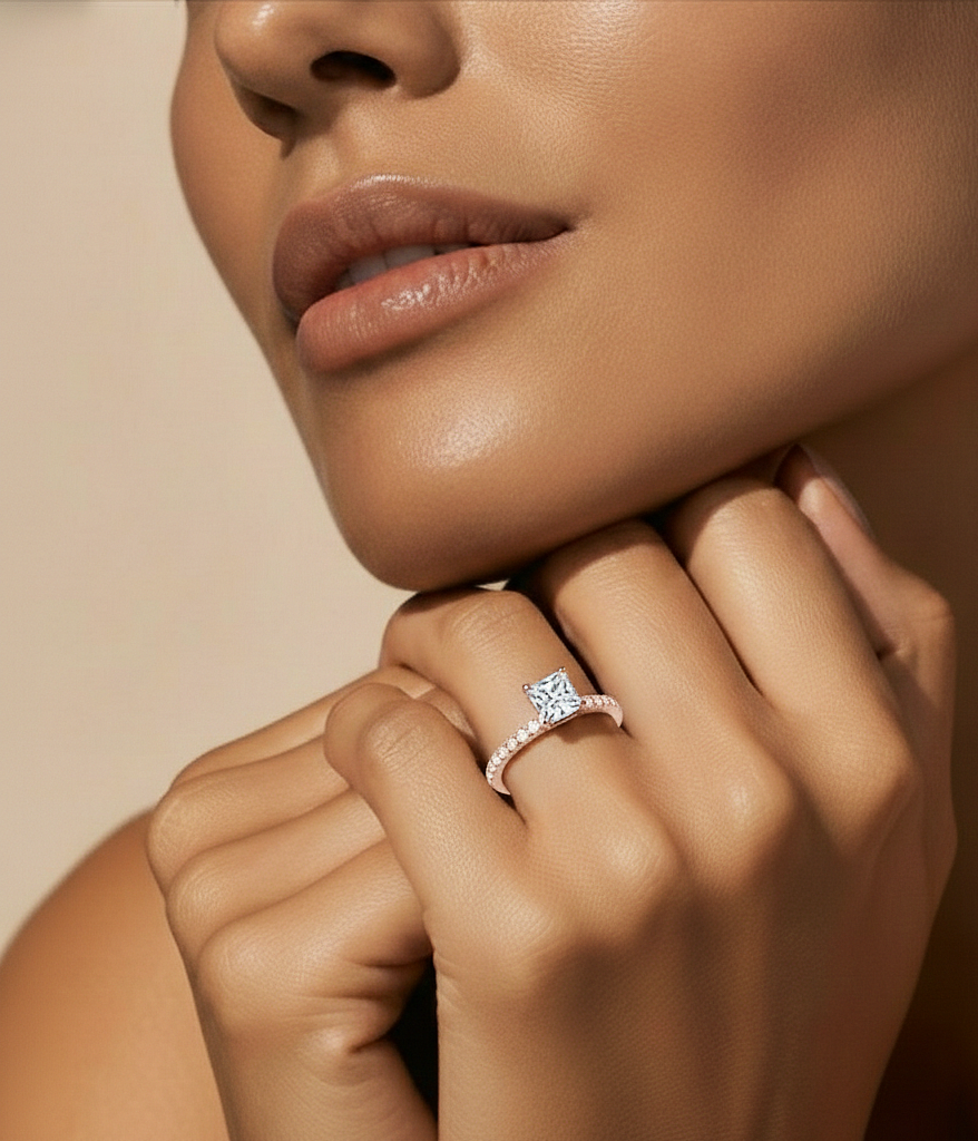 1.01 CT Princess Cut Lab Grown  Diamond 14k Solid Gold With Pave and Side Stone Women Diamond Ring