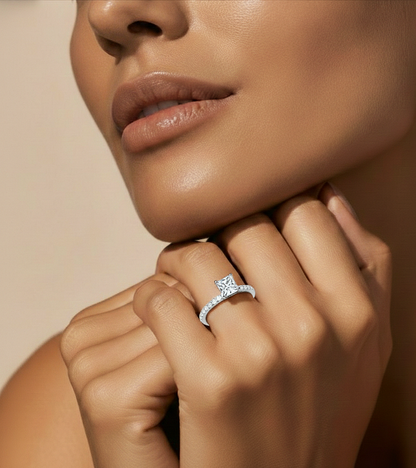 1.01 CT Princess Cut Lab Grown  Diamond 14k Solid Gold With Pave and Side Stone Women Diamond Ring
