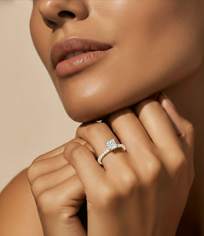 1.01 CT Princess Cut Lab Grown  Diamond 14k Solid Gold With Pave and Side Stone Women Diamond Ring