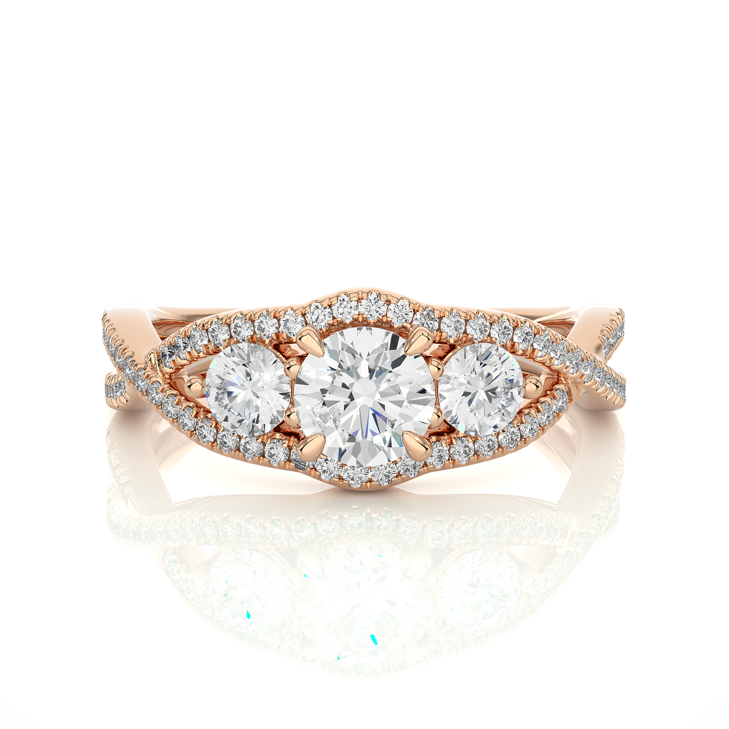 18K Solid Gold Ring, 1.07 Ct Three Stones With Pave And Side Stones Special Round Shape Ring For Women - HIGHCARAT DIAMONDS
