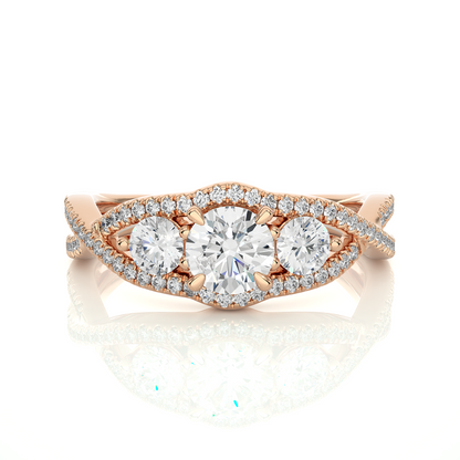 18K Solid Gold Ring, 1.07 Ct Three Stones With Pave And Side Stones Special Round Shape Ring For Women - HIGHCARAT DIAMONDS
