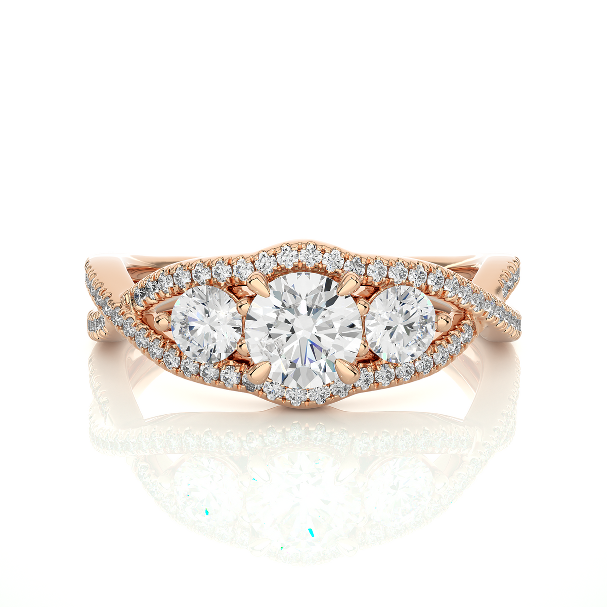 18K Solid Gold Ring, 1.07 Ct Three Stones With Pave And Side Stones Special Round Shape Ring For Women - HIGHCARAT DIAMONDS