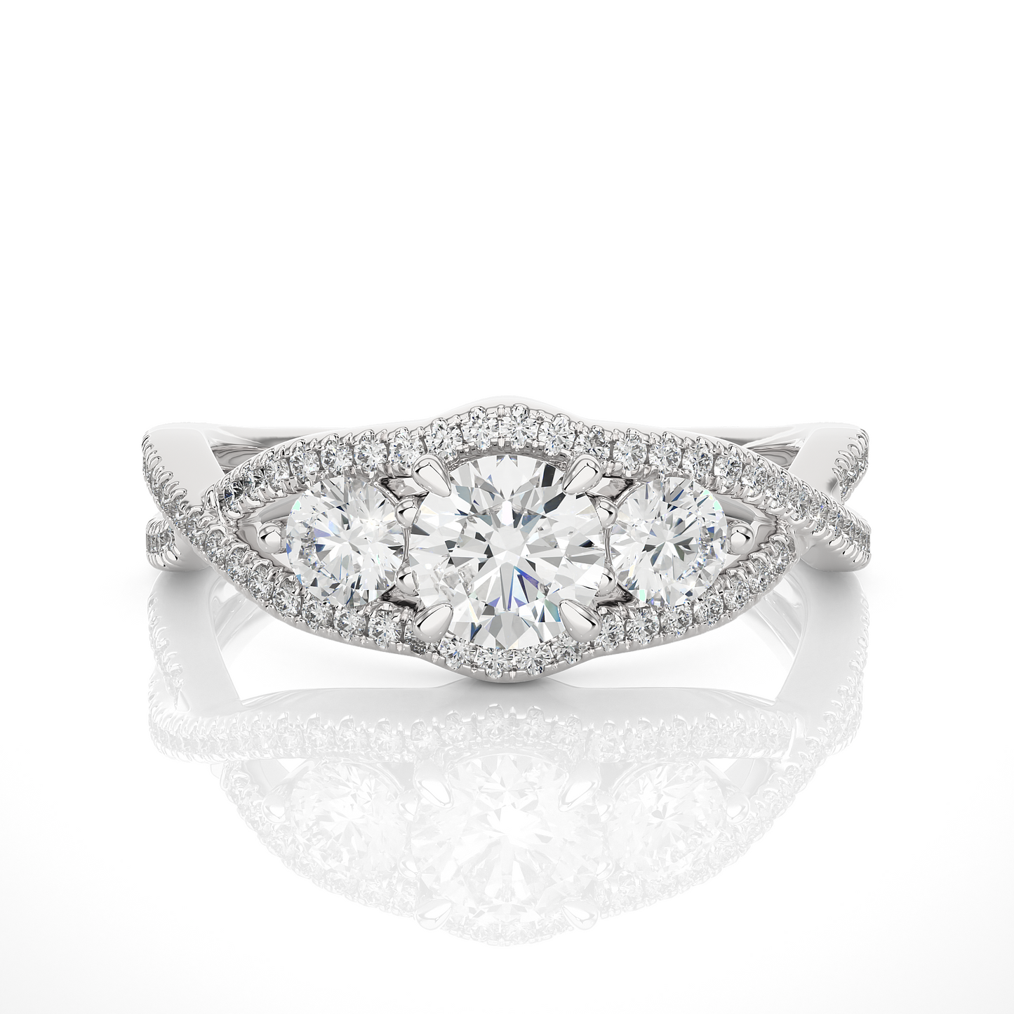 18K Solid Gold Ring, 1.07 Ct Three Stones With Pave And Side Stones Special Round Shape Ring For Women - HIGHCARAT DIAMONDS