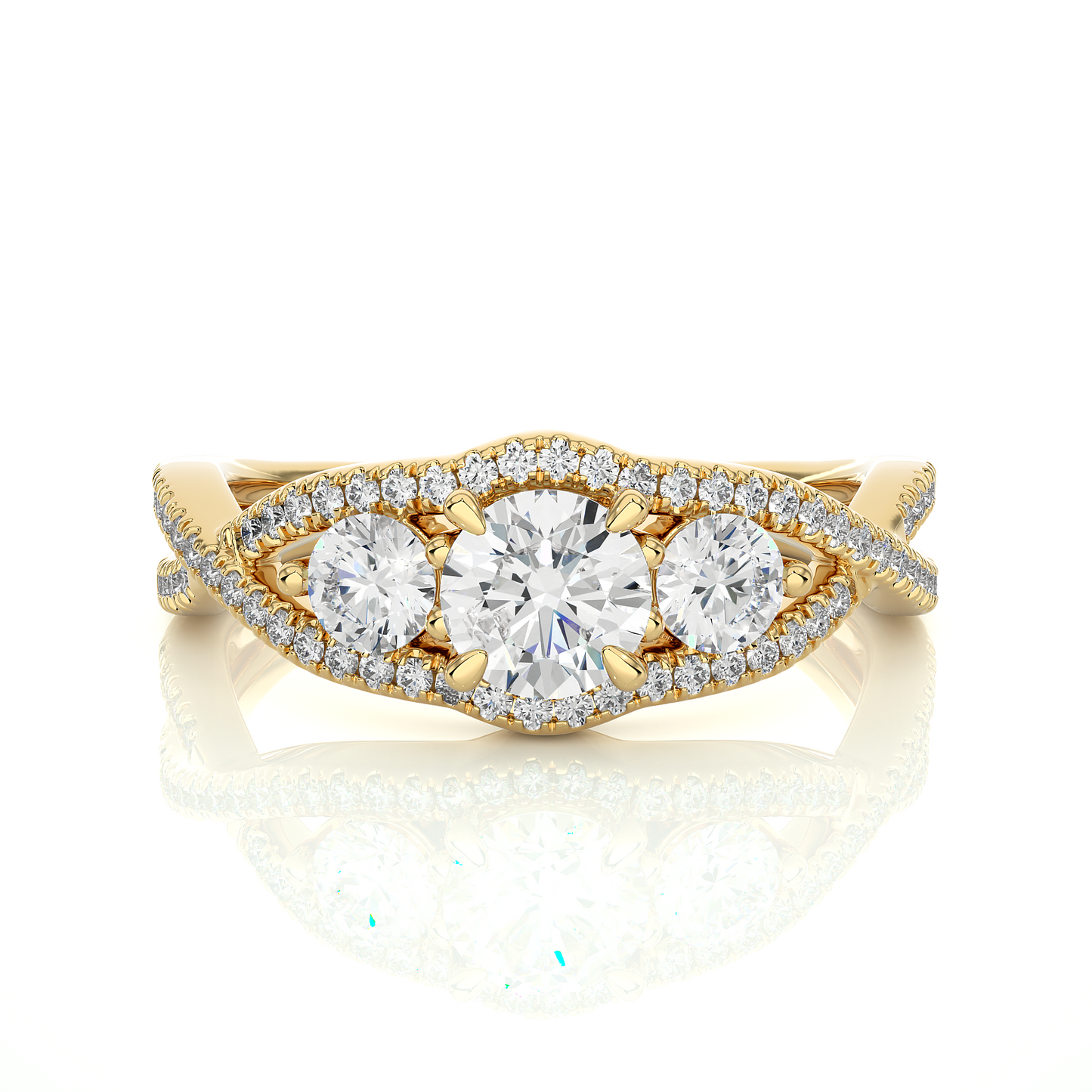 18K Solid Gold Ring, 1.07 Ct Three Stones With Pave And Side Stones Special Round Shape Ring For Women - HIGHCARAT DIAMONDS