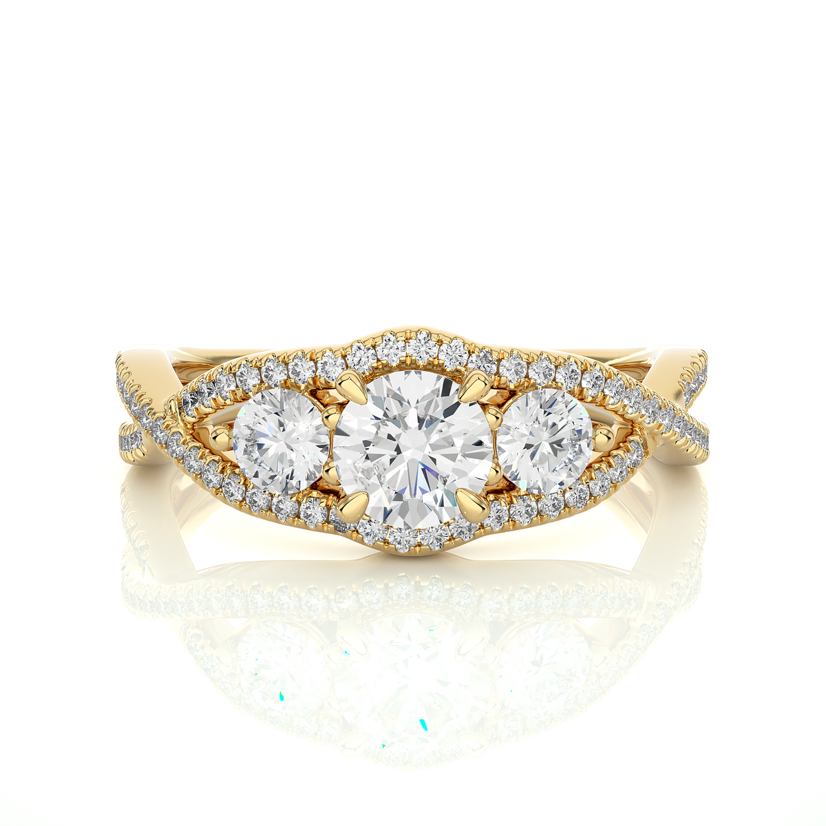18K Solid Gold Ring, 1.07 Ct Three Stones With Pave And Side Stones Special Round Shape Ring For Women - HIGHCARAT DIAMONDS