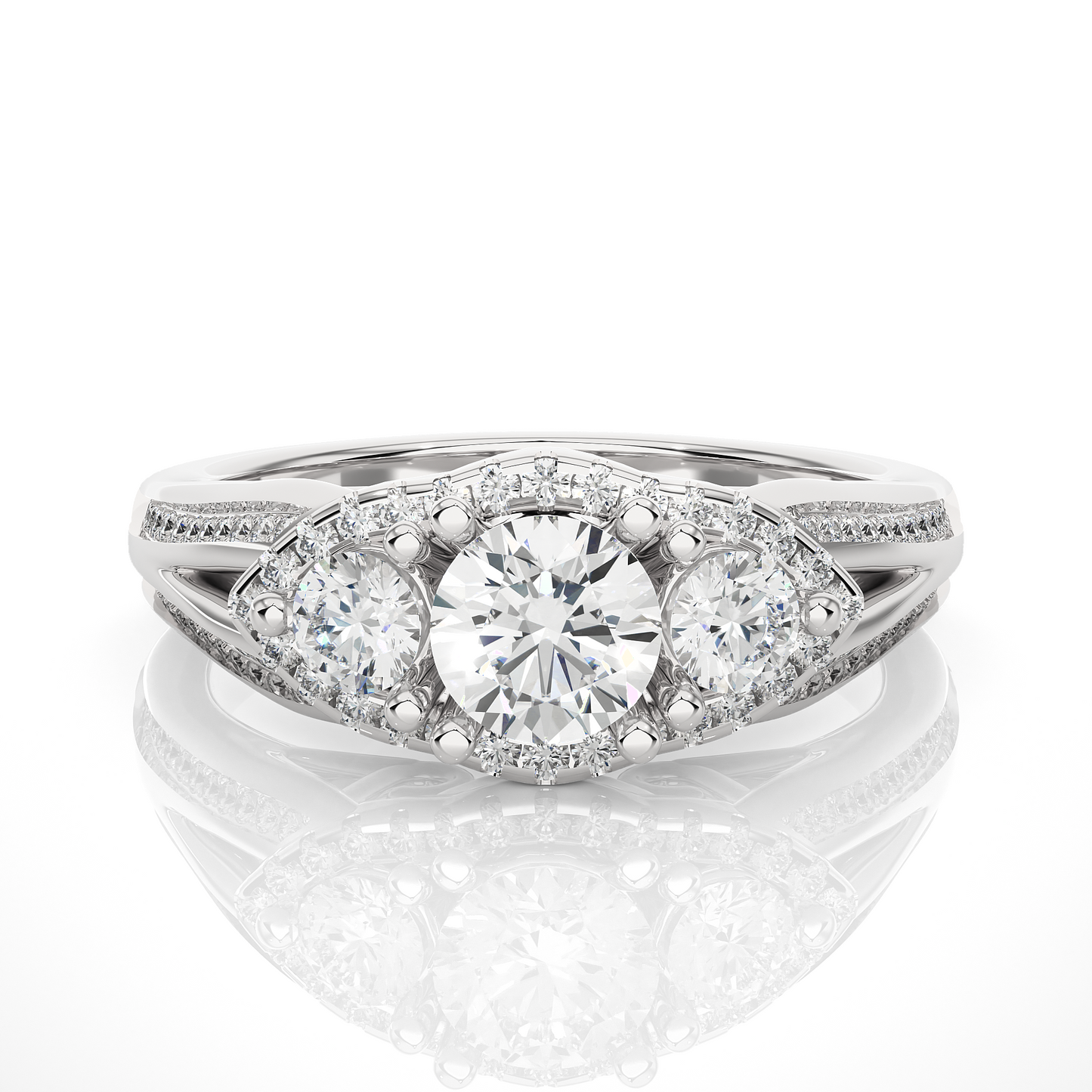 1.13 CT Round cut Three Stone Lab Grown Diamond And Also Side Stones  Accented  Engagement Ring - HIGHCARAT DIAMONDS