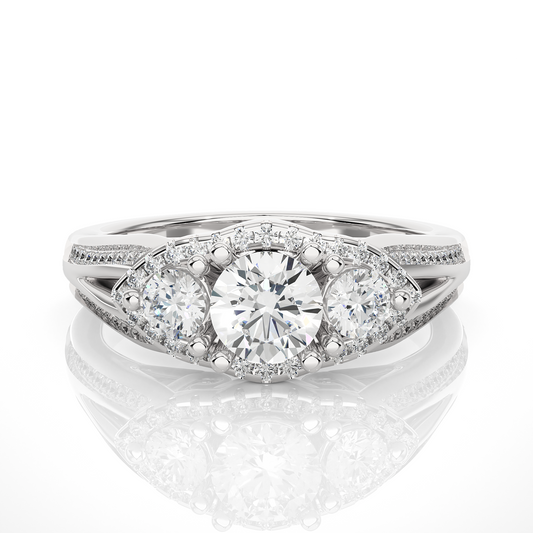 1.13 CT Round cut Three Stone Lab Grown Diamond And Also Side Stones  Accented  Engagement Ring - HIGHCARAT DIAMONDS