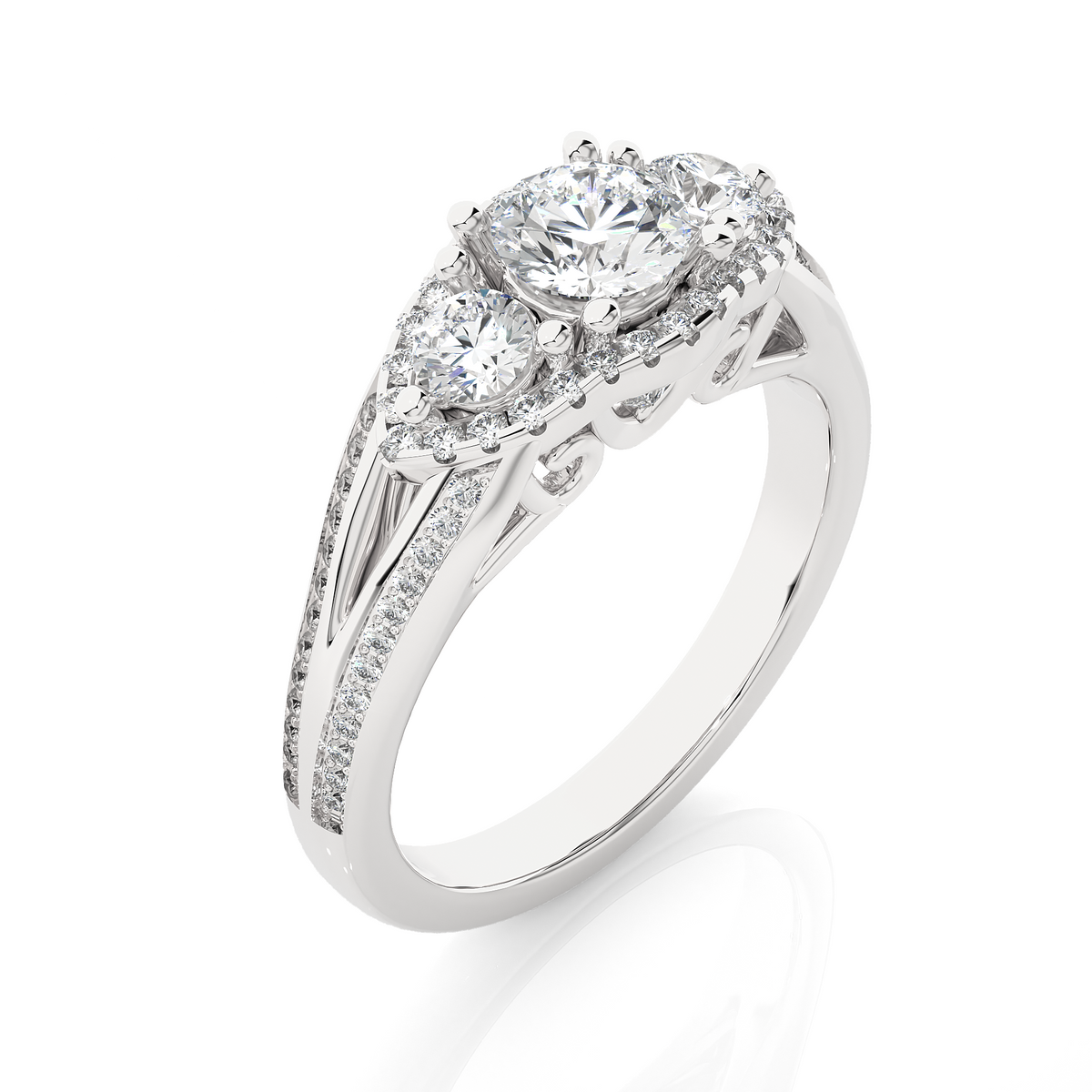 1.13 CT Round cut Three Stone Lab Grown Diamond And Also Side Stones  Accented  Engagement Ring - HIGHCARAT DIAMONDS