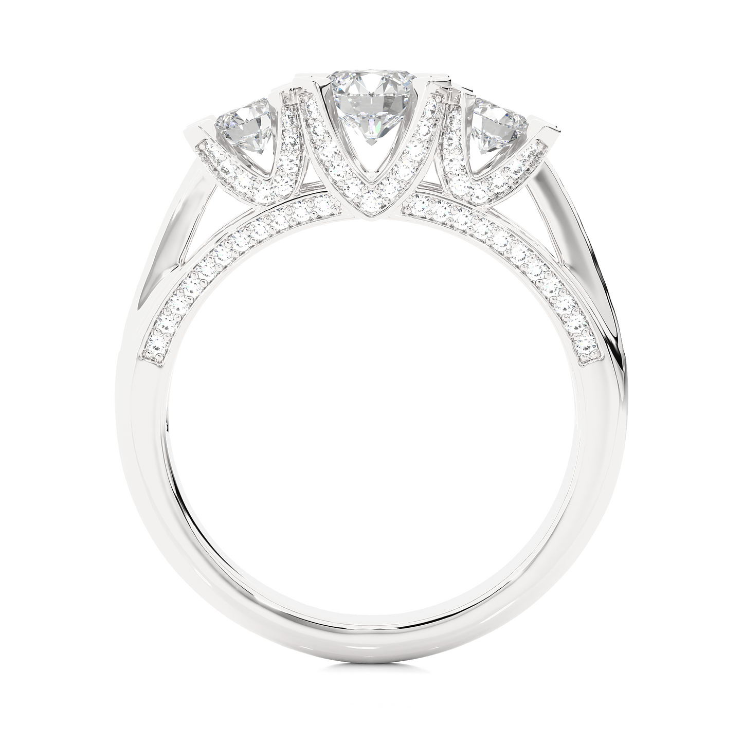 1.19 Ct Round Cut Lab grown Diamond Ring Three stone And Pave and Side Stone wedding Ring For Her - HIGHCARAT DIAMONDS
