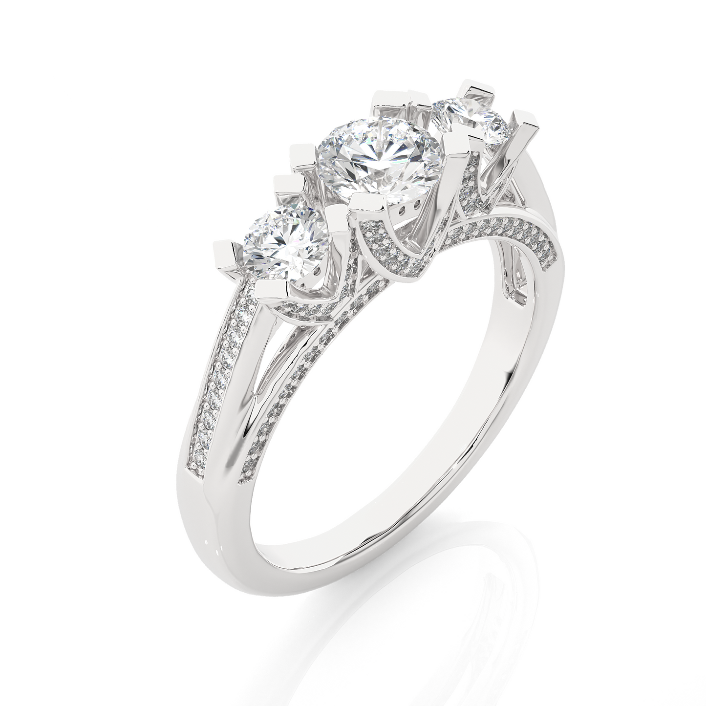 1.19 Ct Round Cut Lab grown Diamond Ring Three stone And Pave and Side Stone wedding Ring For Her - HIGHCARAT DIAMONDS